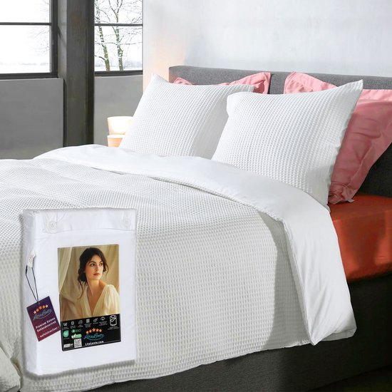 Housse de couette gaufrée – LitaLente Wit – 100 % Katoen – Luxe et respirante – Comprend 2 Taies d'oreiller 60 x 70 cm – Qualité hôtelière – Infroissable et résistante – Convient aux Dekbed de 260 x 220 cm