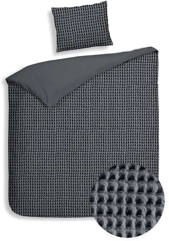 Wafel Dekbedovertrek - LitaLente Antraciet - 100% Katoen - Luxe & Ademend - Inclusief 1 Kussenslopen 60x70 cm - Hotelkwaliteit - Krimpvrij & Duurzaam - Geschikt voor Dekbed 140x220 cm van LitaLente — afbeelding 4