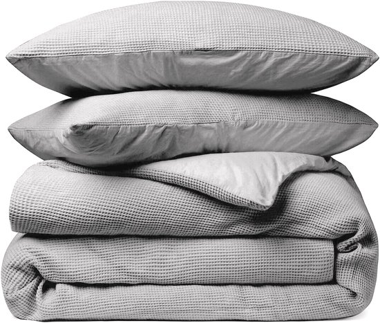 Housse de couette gaufrée – LitaLente Gris clair – 100 % Katoen – Luxe et respirante – Comprend 2 Taies d'oreiller 60 x 70 cm – Qualité hôtelière – Infroissable et résistante – Convient aux Dekbed de 200 x 220 cm