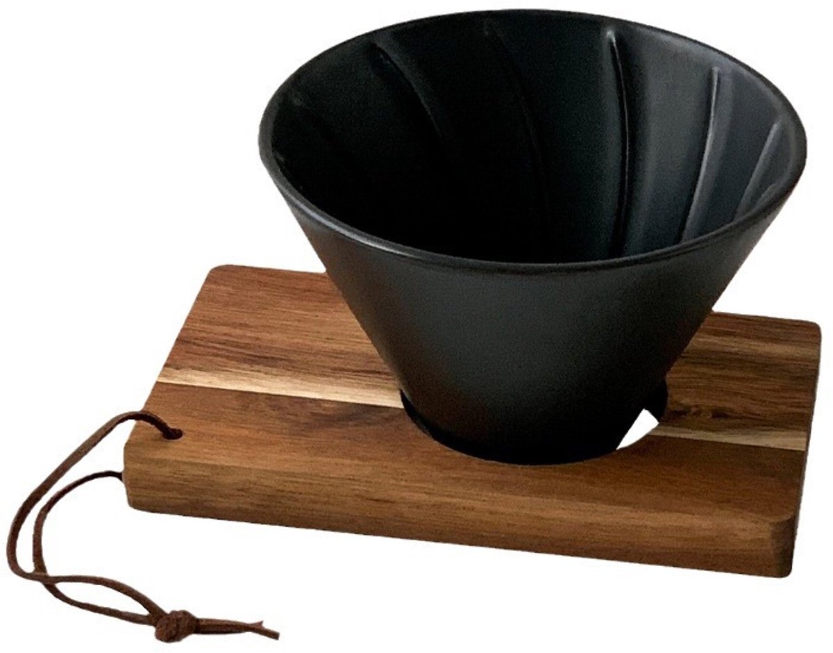 Gloovon® - Keramische Koffiefilterhouder met Houten Standaard - Zwart