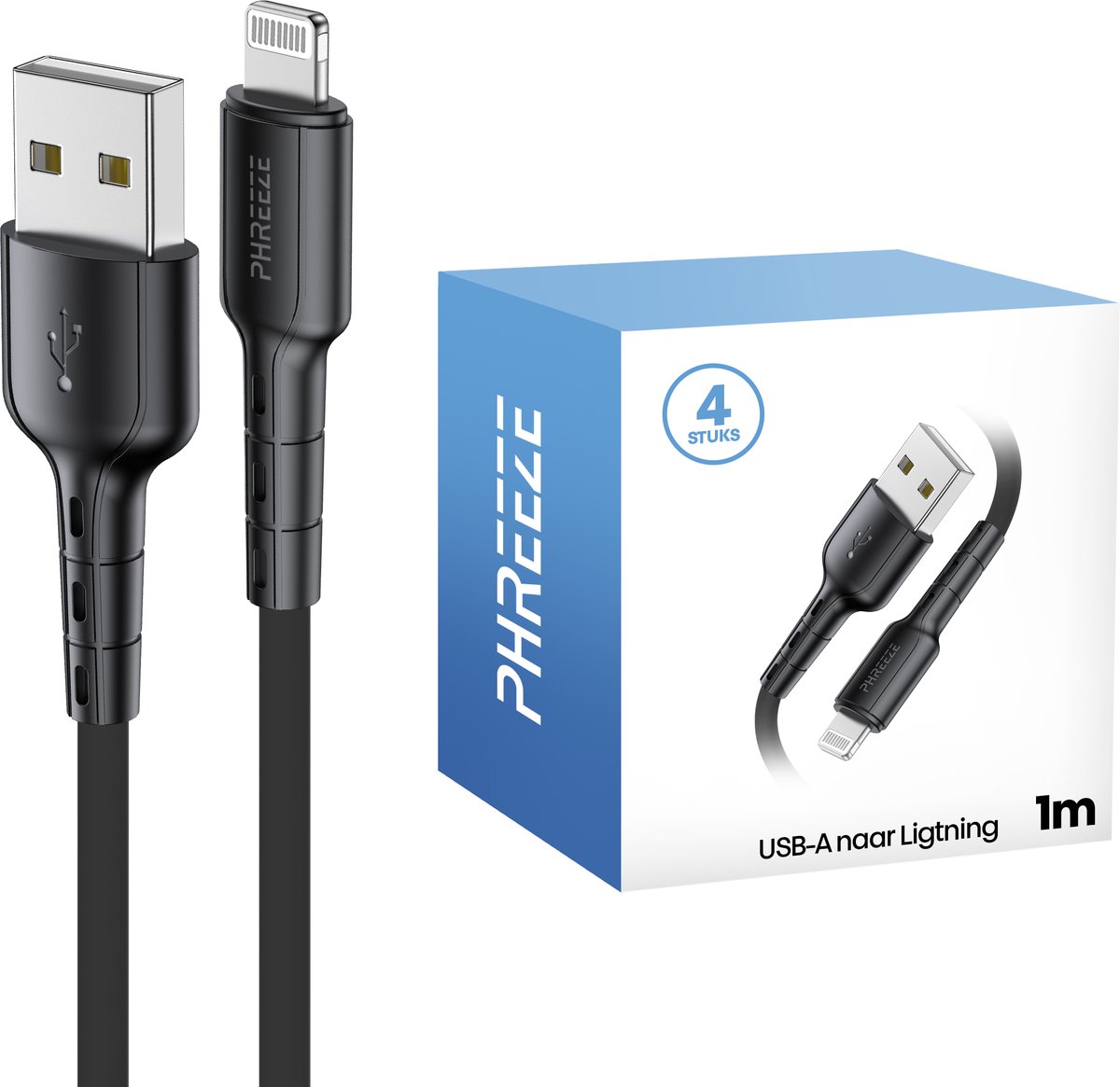 Kabel geschikt voor iPhone met Lightning naar usb kabel - 4 pack - 1 meter - Phreeze