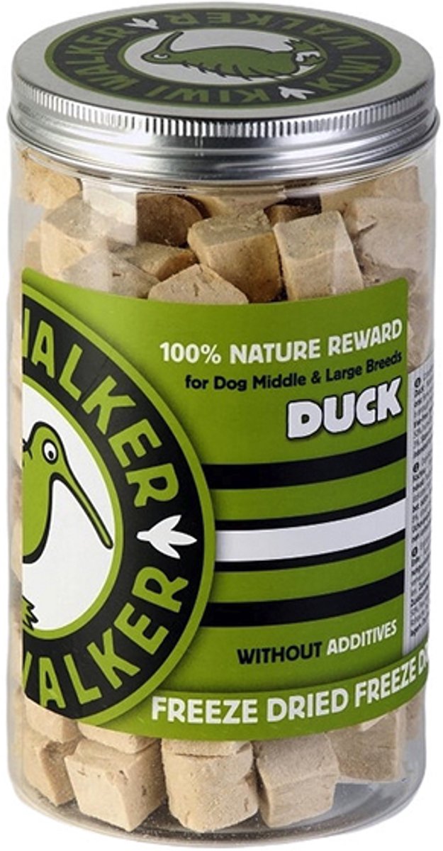 kiwi walker hondensnack medium en grote honden - eend blokken gevriesdroogd ( 2 x2cm) - 115 gram -géén additieven - 100% natuurlijke beloning