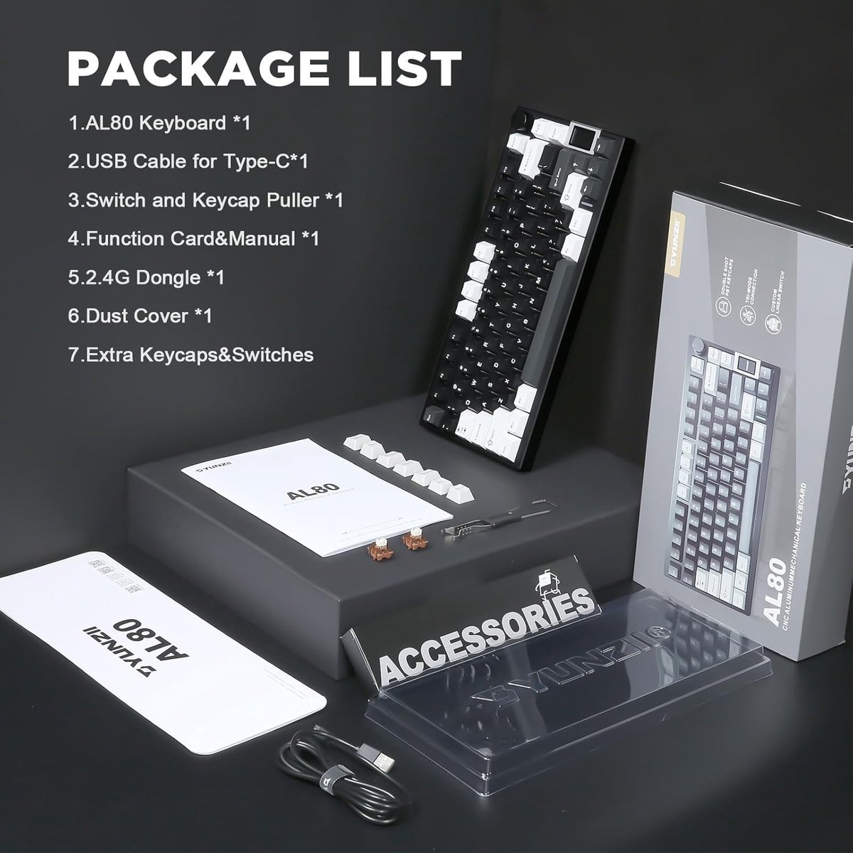 Yunzii AL80 - Zwart - Aluminium Mechanisch Draadloos Toetsenbord - 75% - Qwerty - Gaming Keyboard - RGB Lichten - Cacao Cream V2 Switch thumbnail 2
