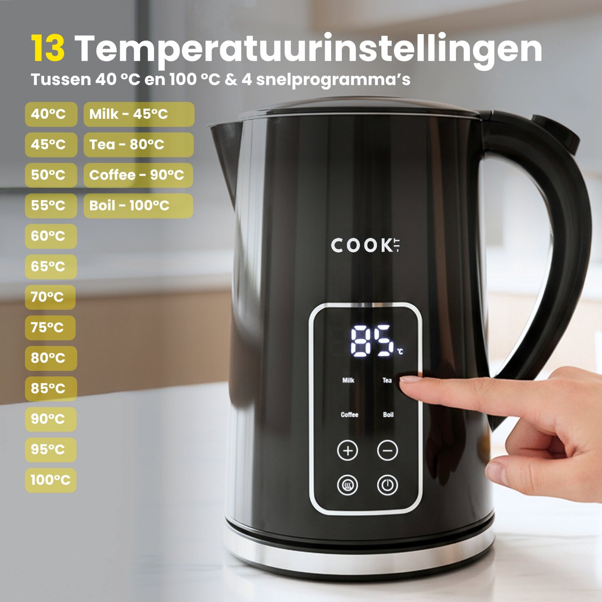 COOK-IT Waterkoker - LED Touchscreen - Instelbare Temperatuurregeling - Waterkokers - 1.7L - Elektrisch - Cool Touch — afbeelding 2