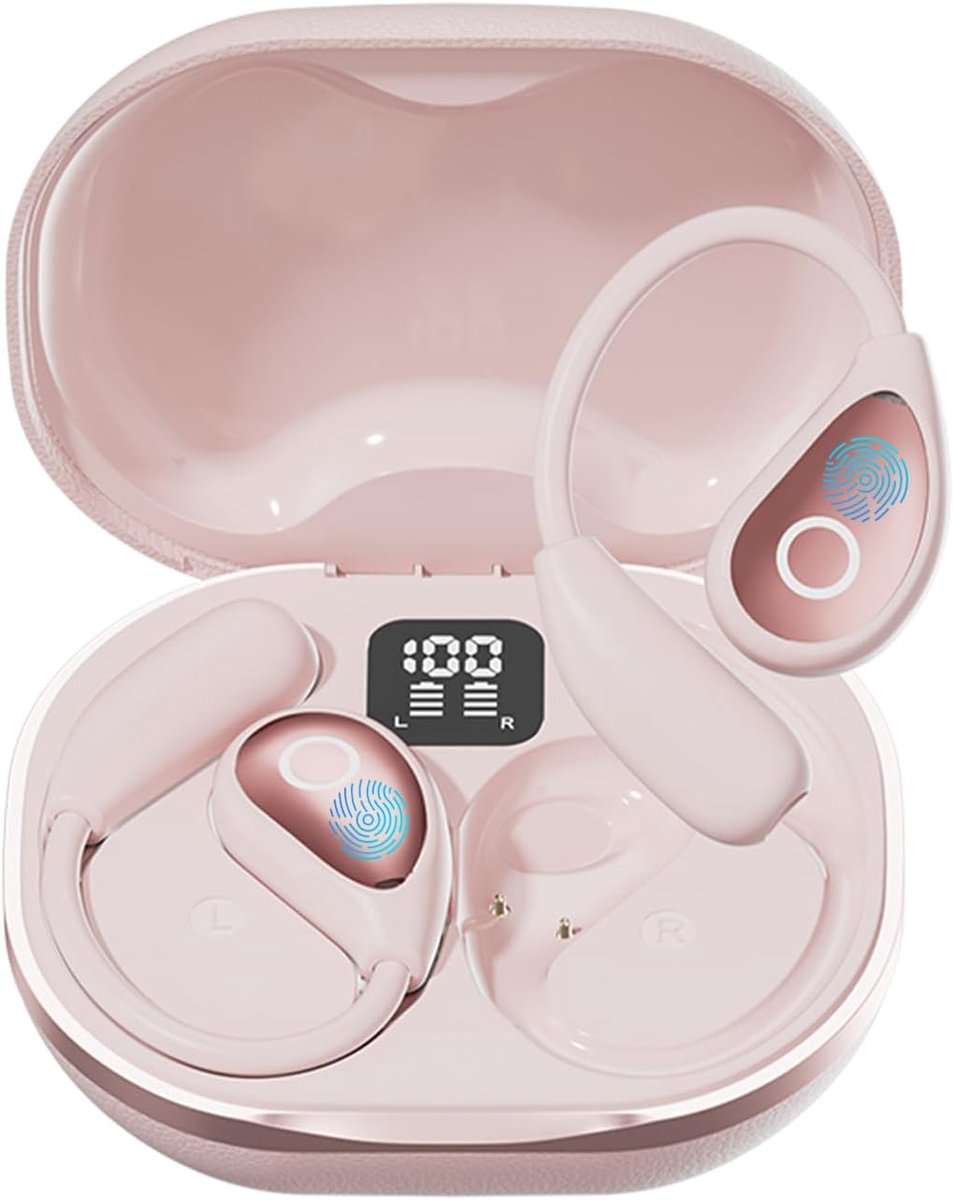 Open Ear Oordopjes - Draadloze Bluetooth 5.4 Sport Oordopjes - Met Digitale Display en 50Uur Speeltijd - Voor Fietsen en Hardlopen - Sportoordopjes - Roze