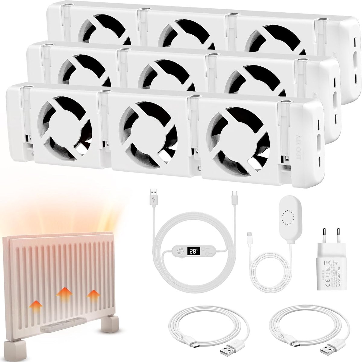 WARMFAY Radiator Ventilator 3.0 Trio Set - Slimme versterker met thermostaat, instelbare snelheid - Energiezuinig & fluisterstil