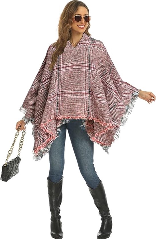 Ferand Dames Poncho Met Capuchon - Warme Gestreept Winterponcho Met Franjes, Elegant Wit