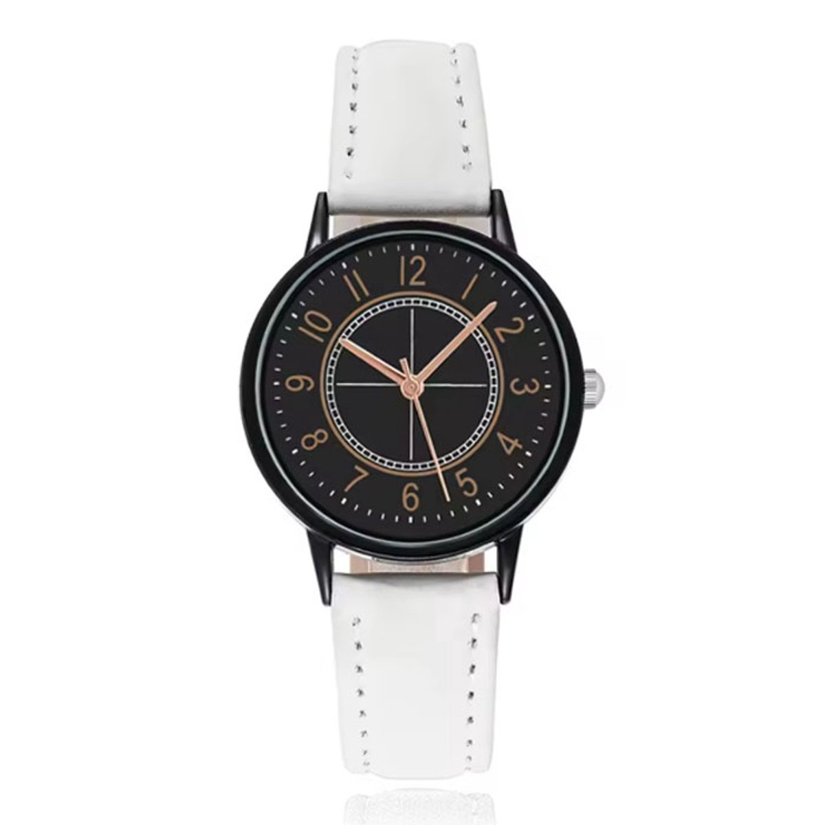 LGT Klassiek herenhorloge met witte leren band en zwarte wijzerplaat