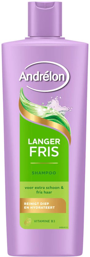 Andrélon Langer Fris shampoo, 400 ml. Lichtpaarse fles met groene en gouden label.