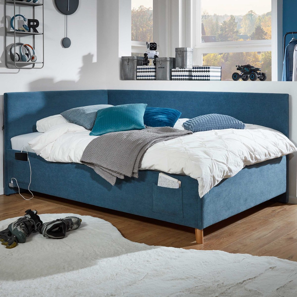 Eenpersoonsbed Cool | Met Rugleuning | 90 X 200 Cm | Blauw Design - Meise - Eenpersoons Gestoffeerd Bed - Blauw - Stof Eenpersoons Normaal Bed