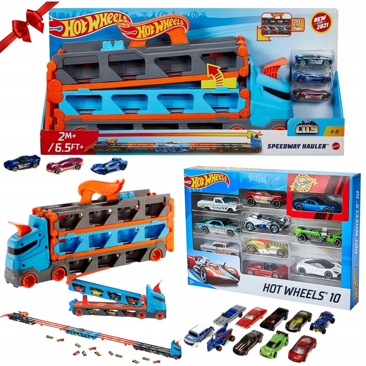 Hot Wheels Transporter met 10 Autootjes en Racebaan