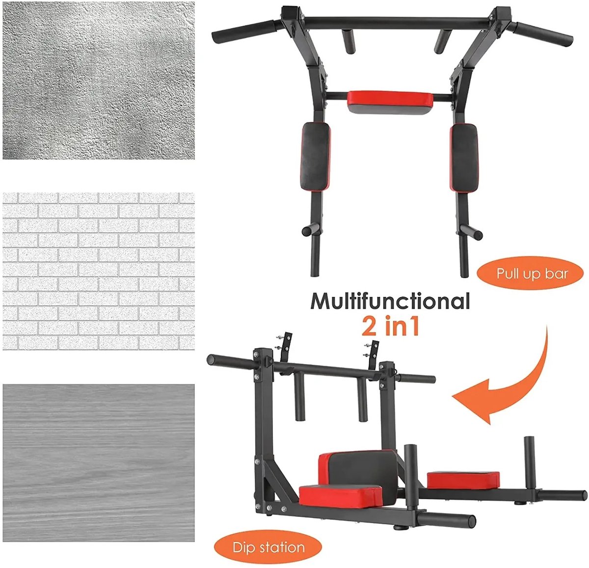 Lynly - Wandgemonteerde Pullupbar Chin Up Bar stang, Dips Station voor thuis. 2 in 1. Wissel tussen dipstation en pull up stang thumbnail 6