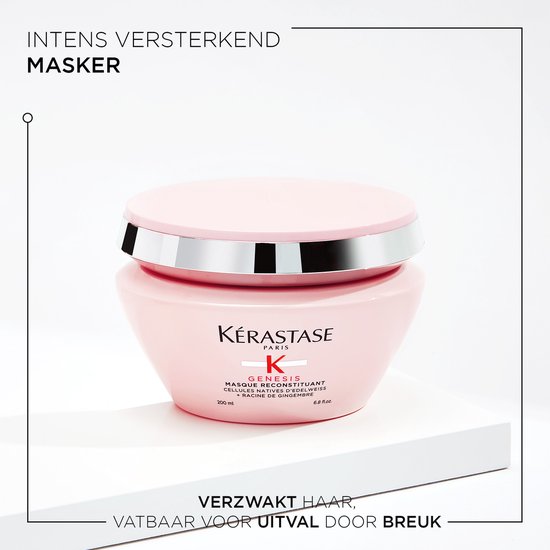 Lichtroze Kérastase Genesis pot met masker op witte sokkel. "Intens versterkend masker" voor zwak haar.
