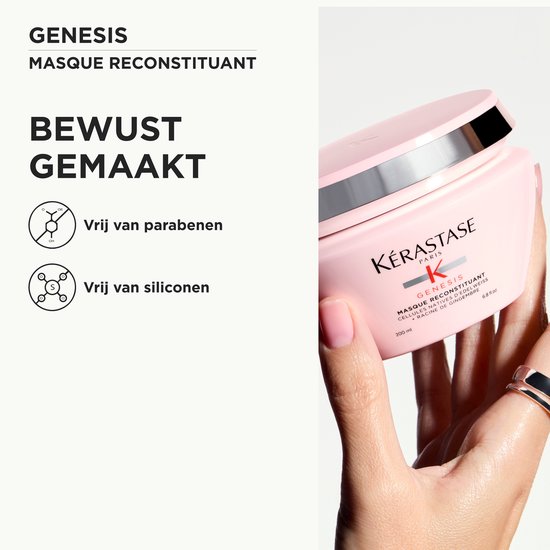 Hand houdt lichtroze Kérastase Genesis pot met masker. "Vrij van parabenen" en "Vrij van siliconen" iconen.
