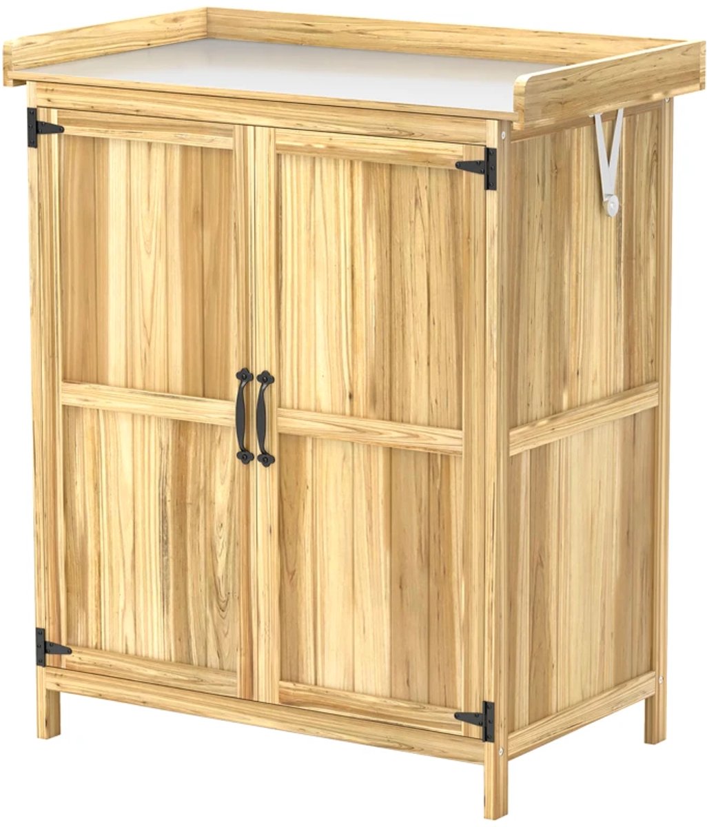 Tuinkast Hout - Buitenkast met Werkblad - Opbergkasten - Tuinhuis - Tuinschuur - Gereedschapskast - Tuinberging - Weerbestendig - voor Buiten, Tuin & Balkon - Hout en Roestvrij Staal - Natuurlijk Hout