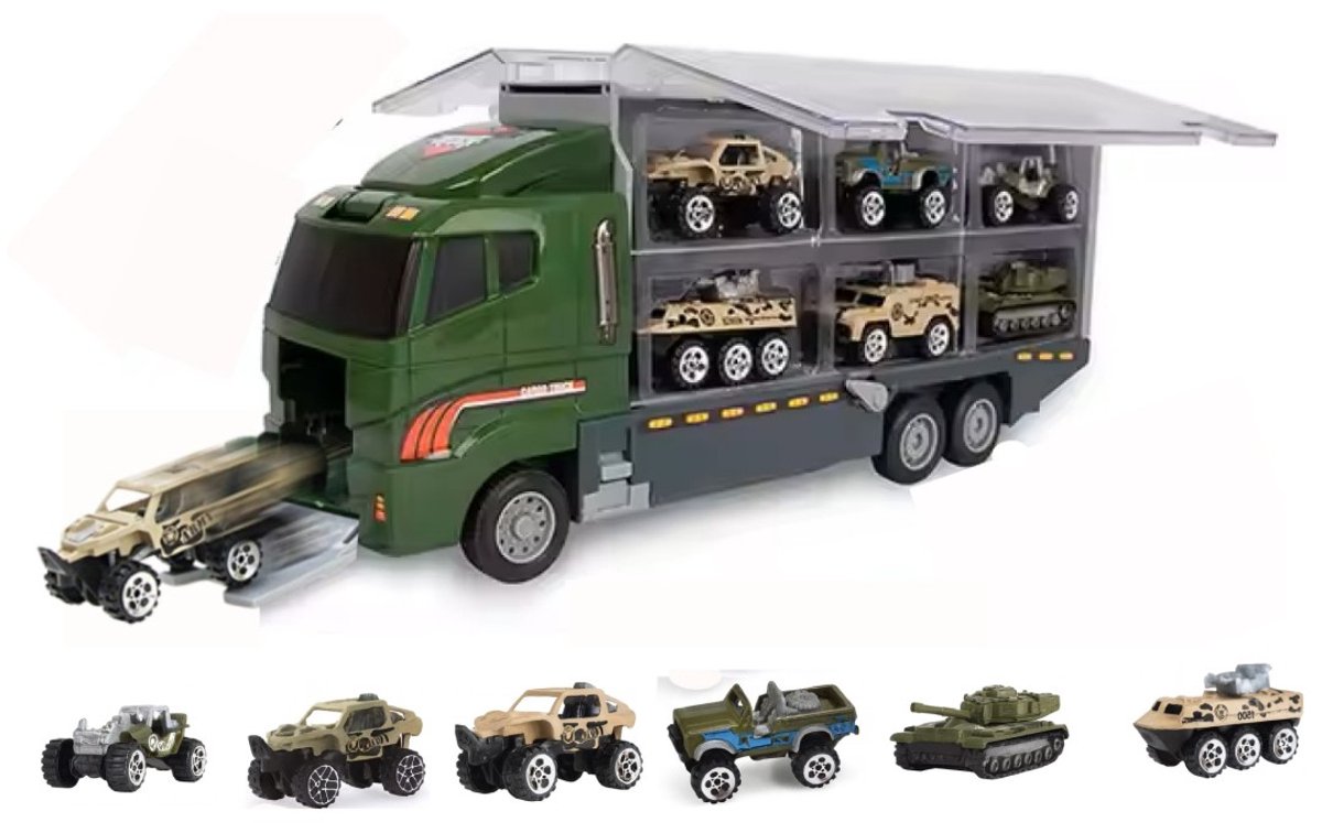 Goodz4All Leger Speelgoed Vrachtwagen Auto met 6 Mini Autootjes - Transportwagen met 6 Miniatuur Auto’s Pick Up Truck Tank - Trailer Autotransporter met Kleine Autootjes Voertuigen - Vrachtwagen met Auto´s erin Transportauto – Militair Soldaat