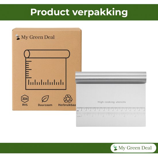Een kartonnen doos met de tekst 'My Green Deal' en een tekening van een deegroller met schaalverdeling. Naast de doos een zilverkleurige deegschraper met schaalverdeling.