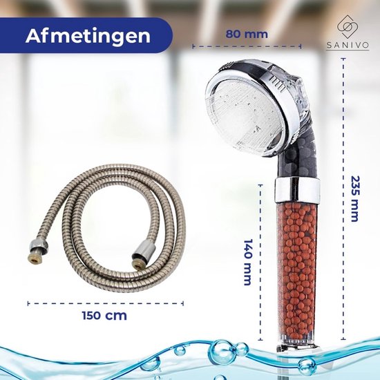 Waterbesparende Douchekop Ionische Douchekop incl. Doucheslang - Douchefilter - Waterfilter - Handdouche - met Mineraalstenen - Douchekop met Slang – Transparant – Incl. Doucheslang