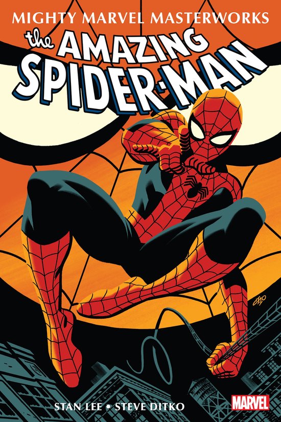 Spider-Man in rood en blauw kostuum, zittend op een spinnenweb met de tekst "The Amazing Spider-Man".
