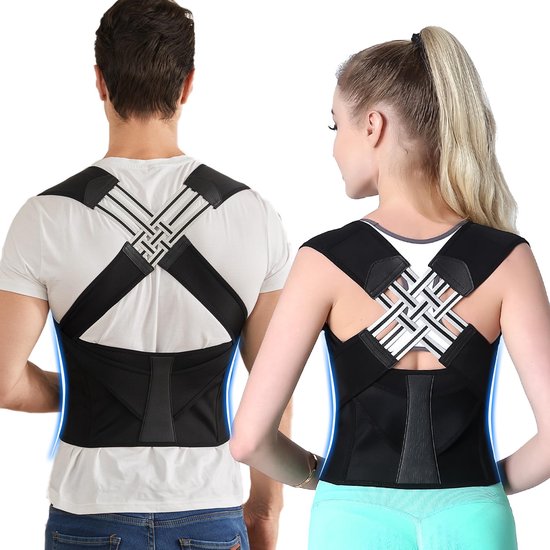Zwart rugsteun systeem met kruislings webbing, getoond op de rug van een man en een vrouw.