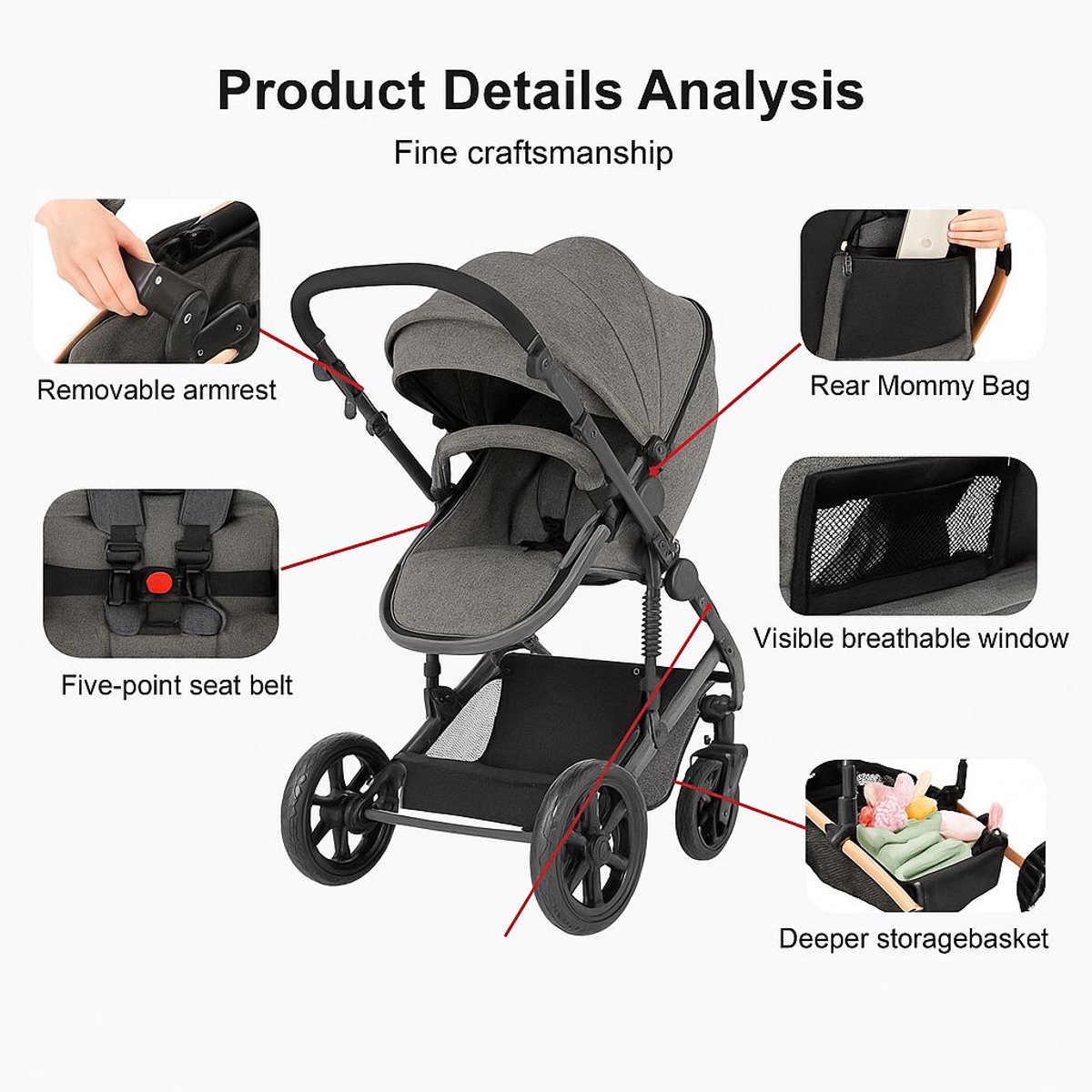 Novendo Goods - Kinderwagen 3 in 1 - Inclusief autostoel - Vierwielig - Volledig inklapbaar - Pasgeboren baby - 0-20 KG - Grijs thumbnail 5