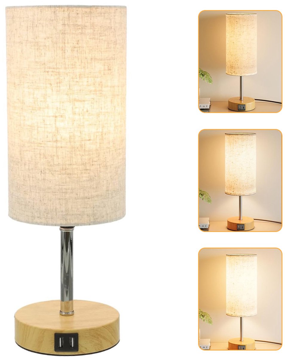 Bedlamp - Dimbaar Via Touchbediening - USB A+C-Oplaadpoorten - Linnen Kap - Houten Voet - Kleine Tafellamp voor Slaapkamer Of Woonkamer - Inclusief Ledlamp