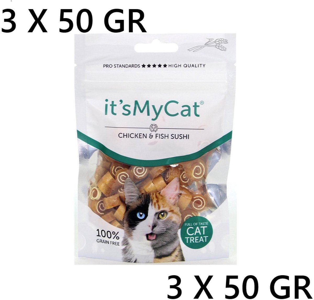 * 3 X * It's My Cat - kattensnack - 100% graanvrij 50 gr zeer lekker - CHICKEN EN FISH SUSHI = 150 gr