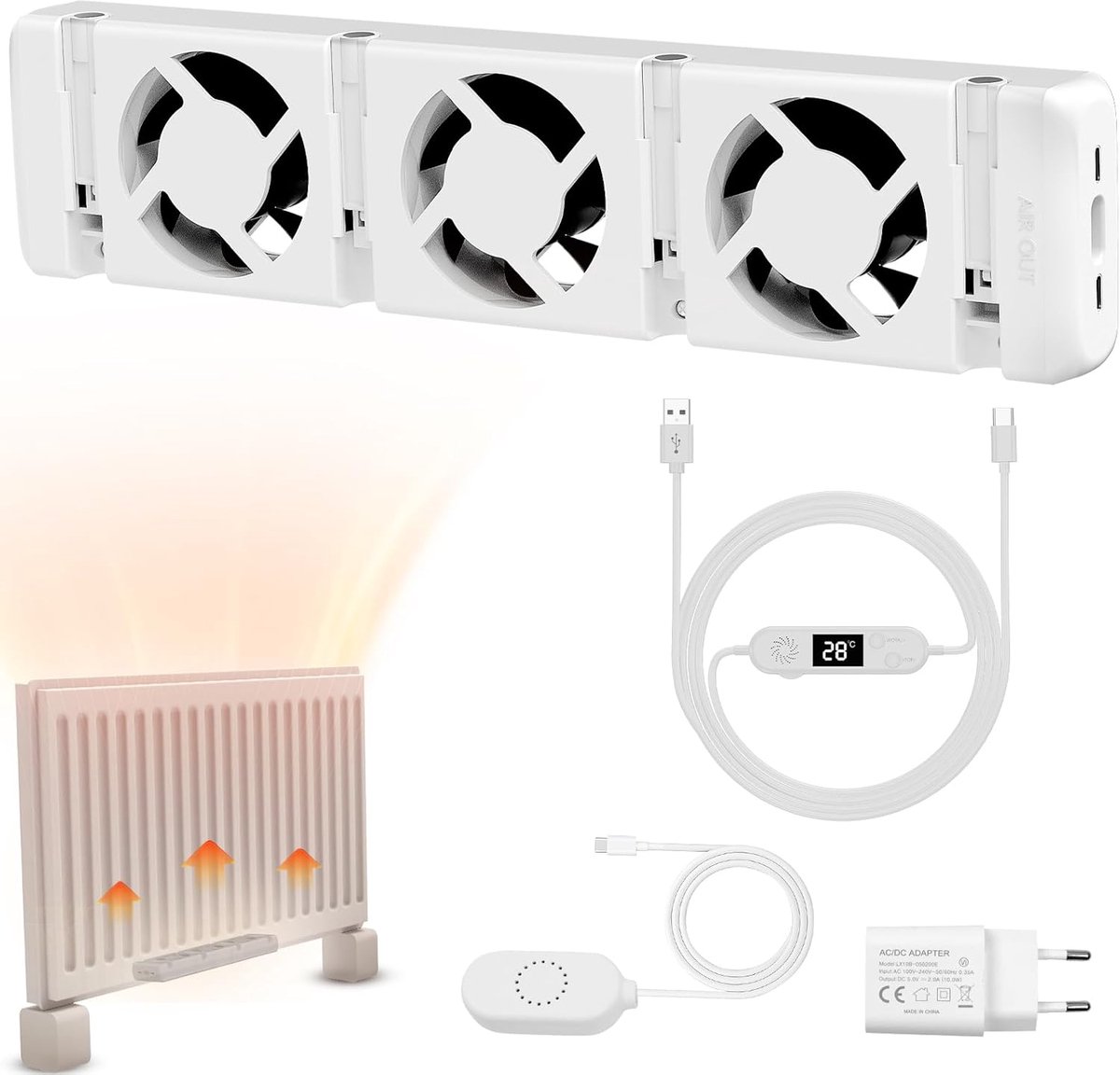 WARMFAY Radiator Ventilator 3.0 Mono Set - Slimme versterker met thermostaat, instelbare snelheid - Energiezuinig & fluisterstil