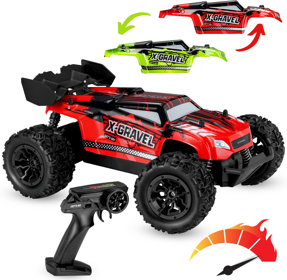 Overmax X-Gravel RC Auto – 1:16 Terenauto 20 km/u – Achterwielaandrijving, Vering, 2 Accu’s tot 30 min Speeltijd, 2 Carrosserieën – Offroad Racewagen voor Kinderen & Volwassenen – Bestuurbare Auto