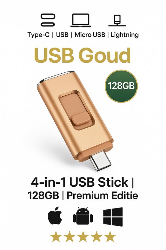 Clé USB 4 en 1 GOLD 128 Go - USB-C, USB-A, Lightning et Micro USB - USB 3.0 - Flash Drive - Universelle - pour Smartphones, Tablettes, Ordinateurs portables , etc. Stockage iPhone, iOS et Android
