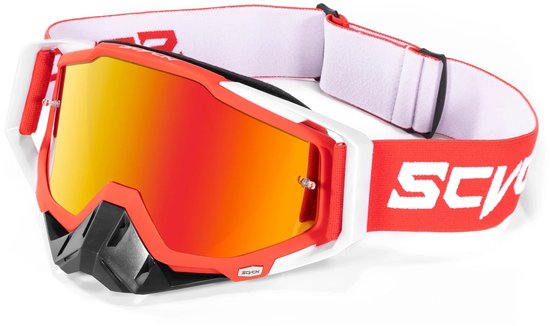 SCVCN® S1513-B-03 |Snowboardbril | Motorbril Anti-Fog Snowboard Skibril | Motorcross Bril| Racing Skibril | Skibril |Unisex Skibril | Wintersport bril | Verstelbaar - UV Beschermend | Oranje Meerkleurige Lens | Rode Band | Parelmoer Oranje Lens