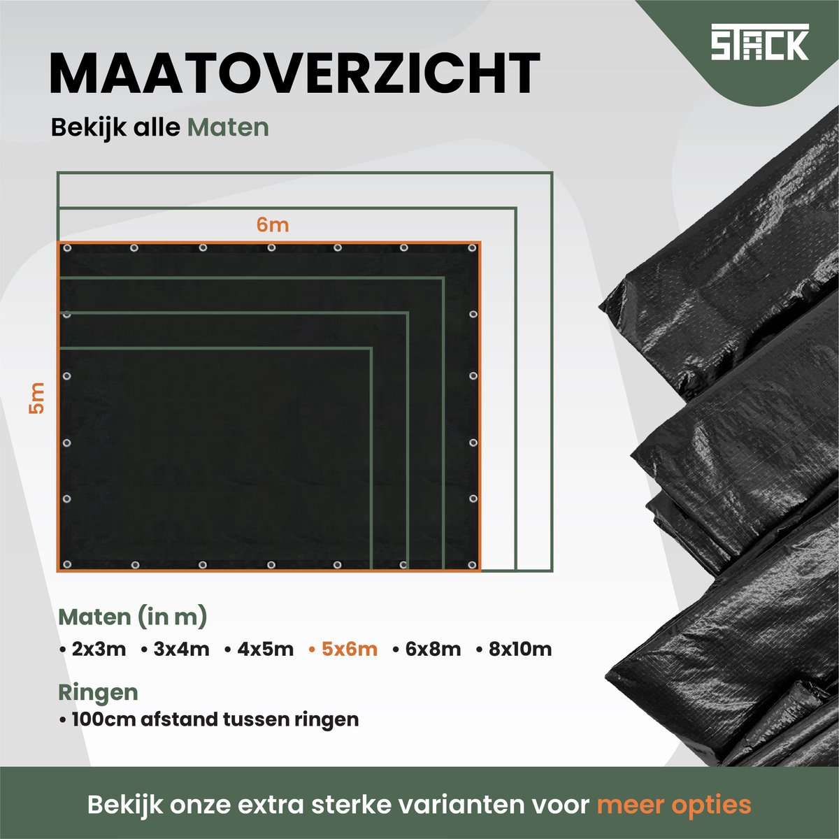 STACK® Sterk Afdekzeil - 5x6m - Zwart - 100G/M2 - Waterdicht Bouwzeil & Zeildoek - Zeil Met Ringen - Beschermhoes & Afdekhoes voor Zwembad,Tuinset, Tuin Meubelen,Motor,Scooter,Fietsen,Aanhangwagen,Scootmobiel,BBQ accesoires - Auto Hoes Bescherming — afbeelding 6