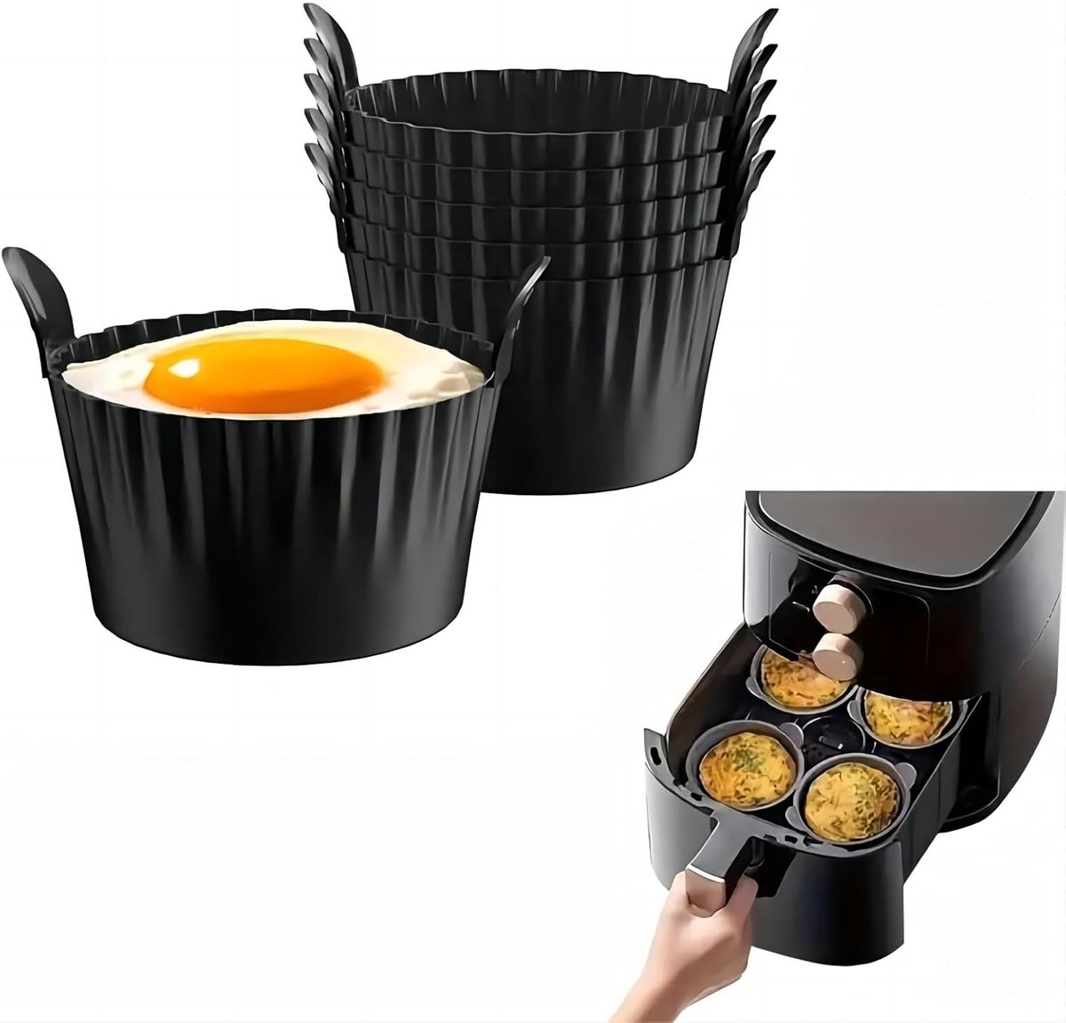 6-pack - Airfryer siliconen bakjes - Dik groot - Gebakken eierdopjes + muffinvormpjes - Hittebestendig en vaatwasserbestendig - Zwart