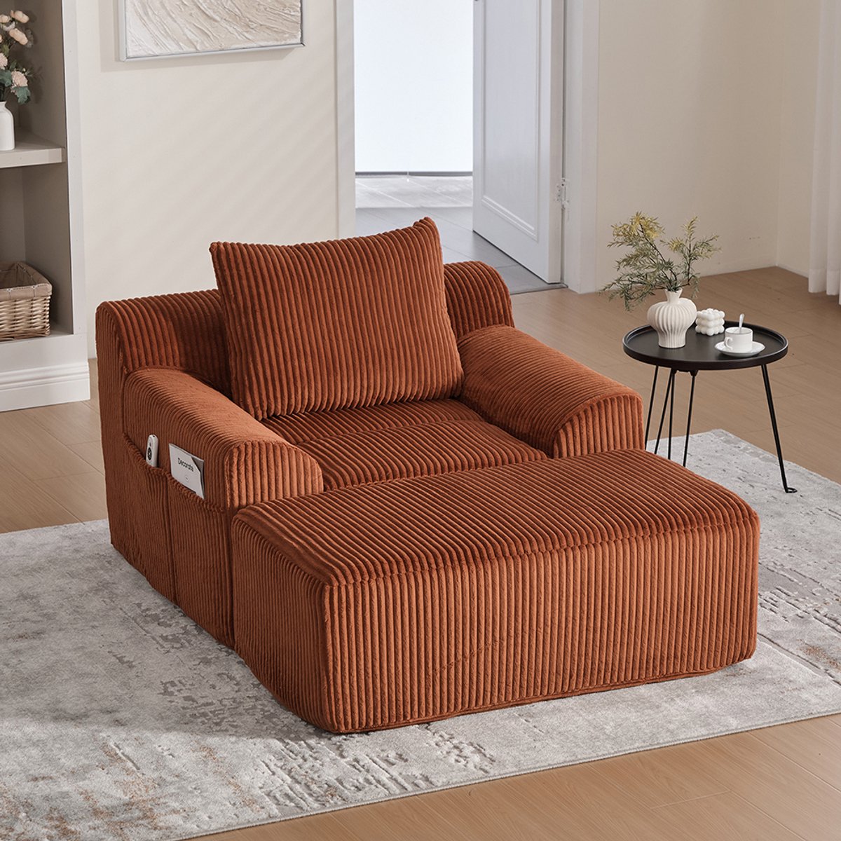 BLACKCOLORS - Extra grote fauteuil - met beugels - corduroy leesfauteuil - met zijvakken - met kussens - diepe zitting - moderne gestoffeerde fauteuil - zachte fauteuil zonder frame - geen montage nodig - Geei