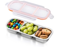 Snack Organizer 3-vaks snackbox van roestvrij staal, lekvrij met luchtdichte deksels, herbruikbaar voor sauzen, fruit en dips, Lekdichte snackcontainer - Roestvrijstalen maaltijdbox met dekselvoedselbewaring (600 ml, oranje)