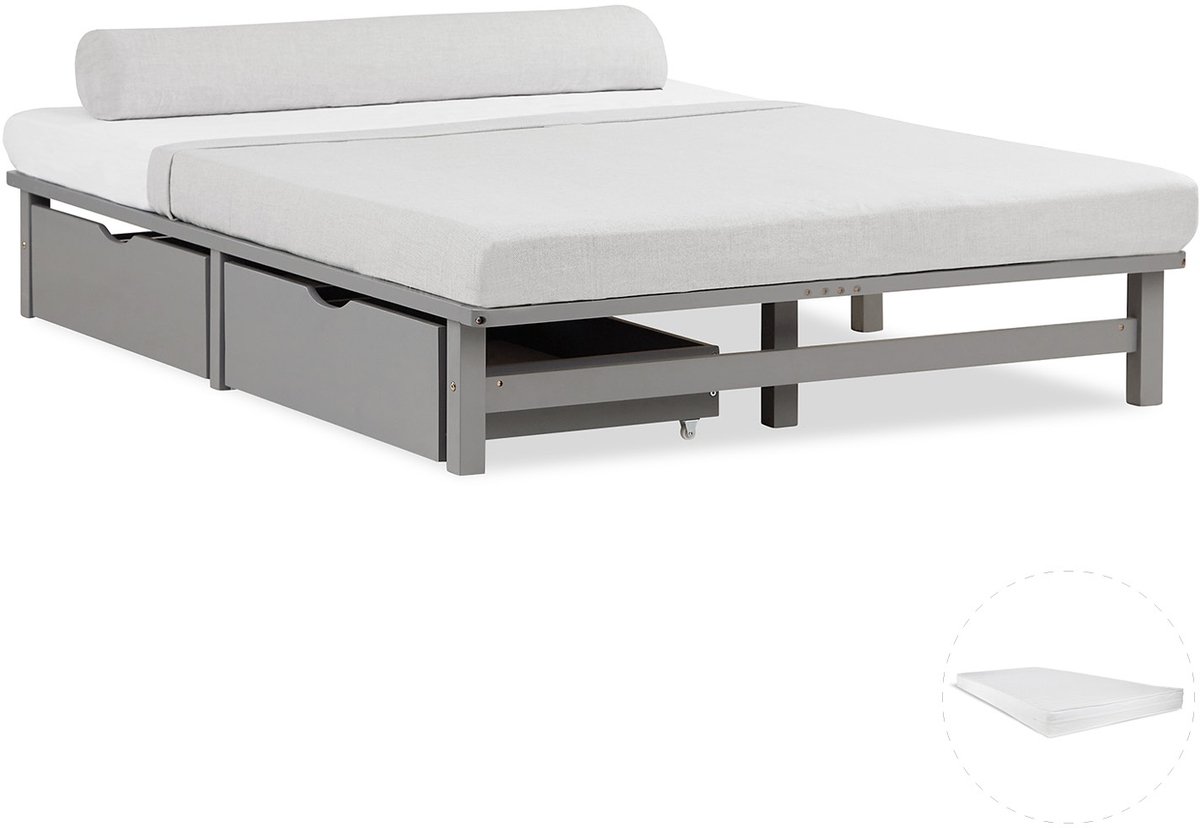 Homestyle4u Palletbed - 140x200 cm - Houten bed - met matras - Bedbak - Grijs