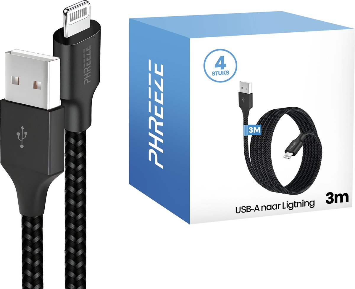 4x oplaadsnoer geschikt voor iPhone met Lightning naar usb - Oplaadkabel - 3 meter - Stevig