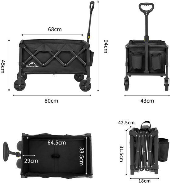 Naturehike mini opvouwbare bolderkar - 110 L - 120 kg draagvermogen - 6 kg lichtgewicht - scheurvast Oxford bekleding & stalen frame - 360° zwenkwielen - inklapbaar met telescoophandvat van Naturehike — afbeelding 3