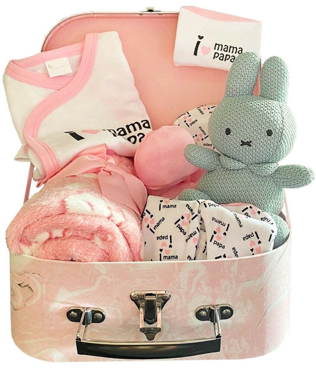 Koffertje gevuld met baby artikelen - Marmer-roze kleur - 20cm.