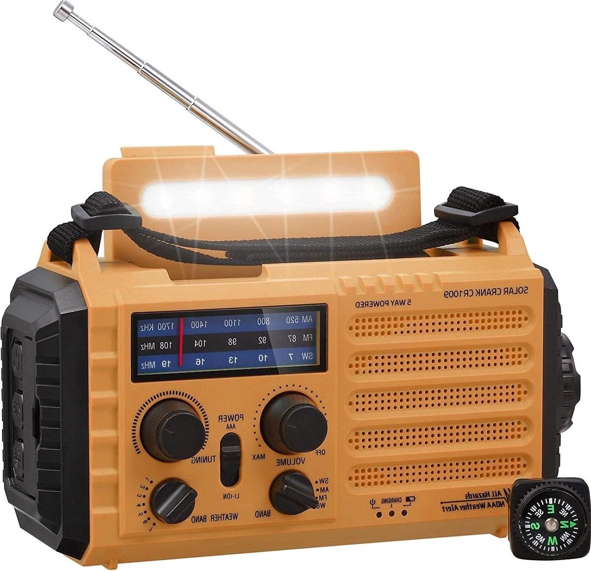QPFO® Noodradio met Weeralarm - Zonne en Handslinger - Powerbank 5000mAh - LED Zaklamp SOS Alarm - Outdoor Radio