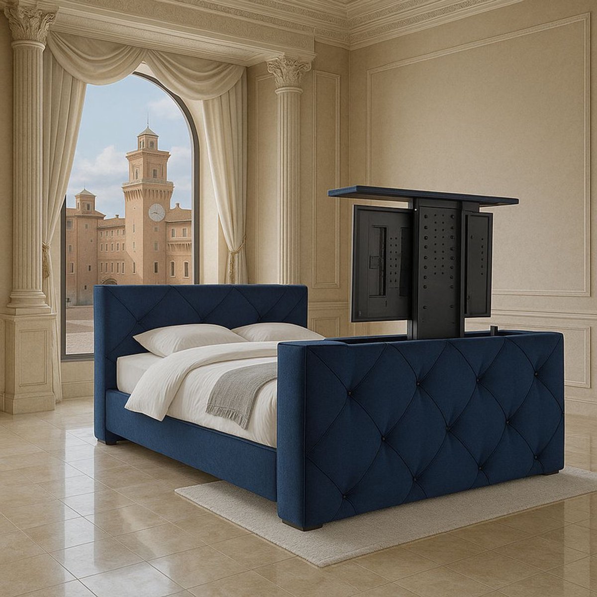 Boxspring Ferrera met voetbord TV-lift 180x210 cm Donkerblauw