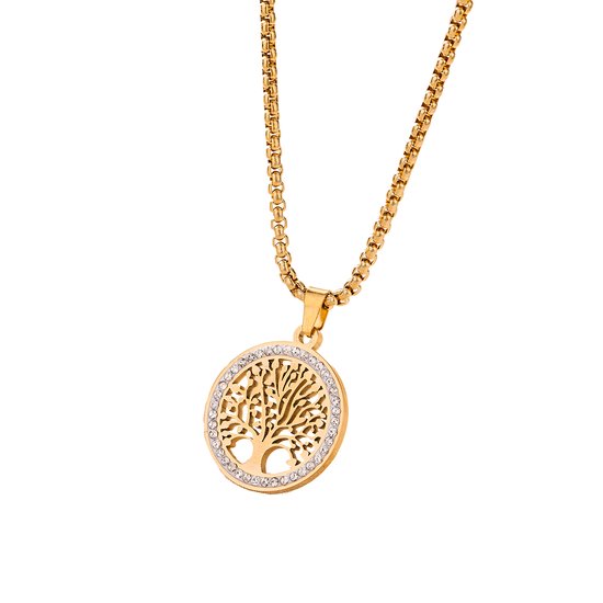 Collier doré avec pendentif rond motif 'arbre de vie', entouré de cristaux.