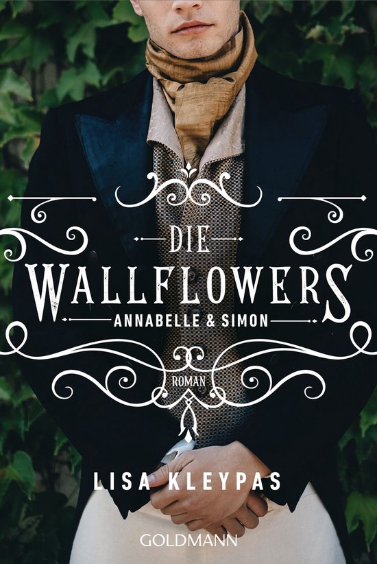 Boekomslag met een man in een zwart jasje, wit overhemd en sjaal. Titel: Die Wallflowers. Auteur: Lisa Kleypas.