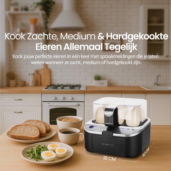 Emerio eierkoker zwart met transparante deksel op een houten tafel. Naast de eierkoker een bord met twee sneetjes brood, een kommetje met ontbijtgranen en een kopje koffie. "Kook Zachte, Medium & Hardgekookte Eieren Allemaal Tegelijk".