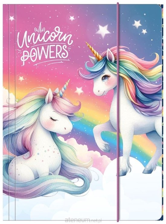 Pochette à élastique, A4, avec deux licornes et le texte "Unicorn POWERS". Arc-en-ciel pastel en arrière-plan avec des étoiles et des nuages.