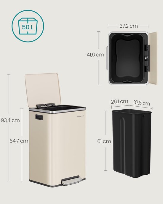 SONGMICS Vuilnisemmer 50 l, afvalemmer voor in de keuken