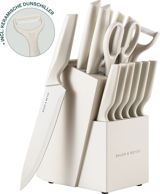 BAUER & MEYER® Messenset - Messenblok - Keukenmessen - Keukengerei - 15-delig - Incl. dunschiller, keukenschaar en messenslijper - Oatmeal