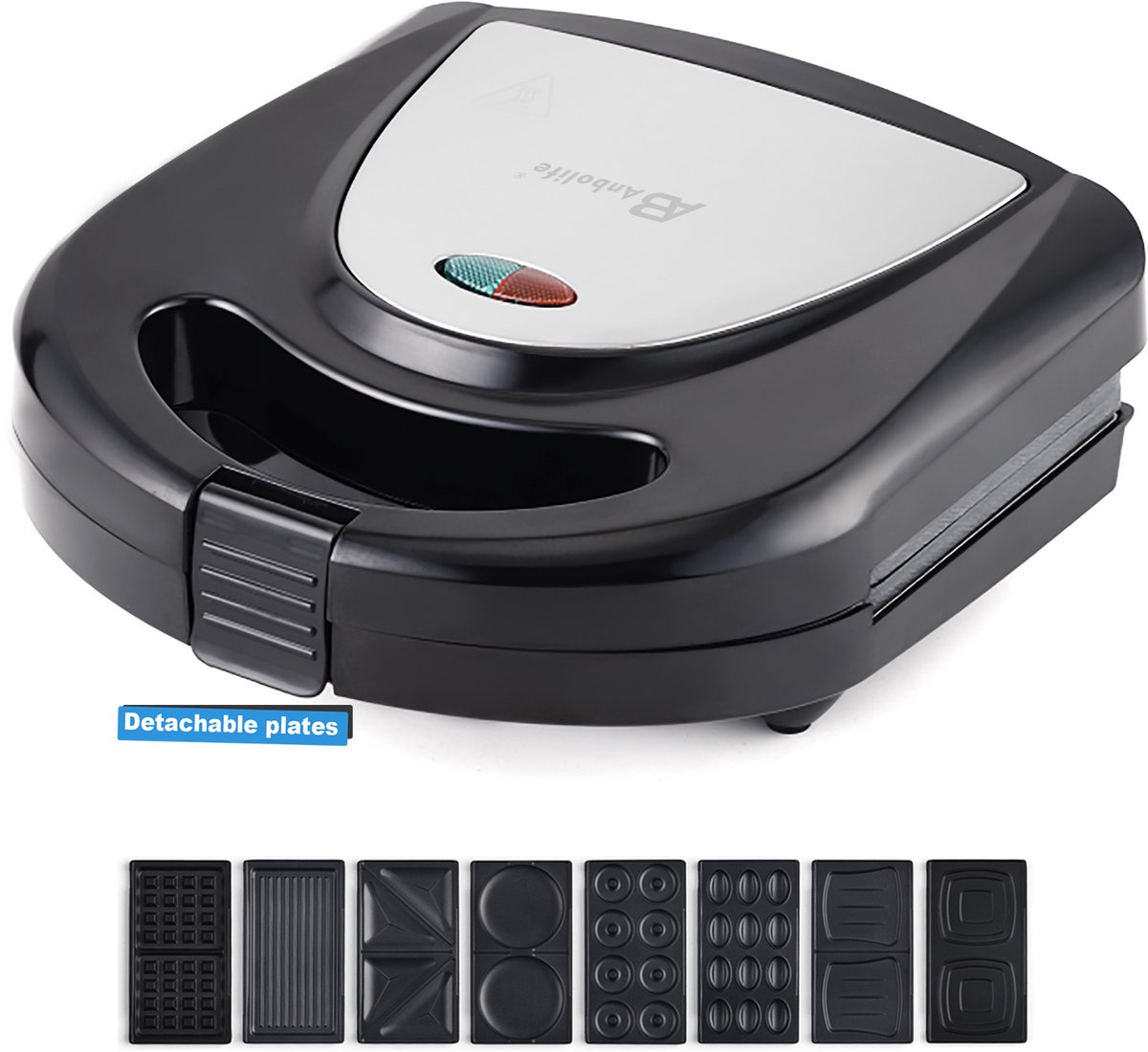 Sandwich Maker 2-Slice – 750W – Grill & Wafelplaten – Anti-aanbaklaag – Cool Touch – Afneembare Platen – Compact Ontbijt Toestel