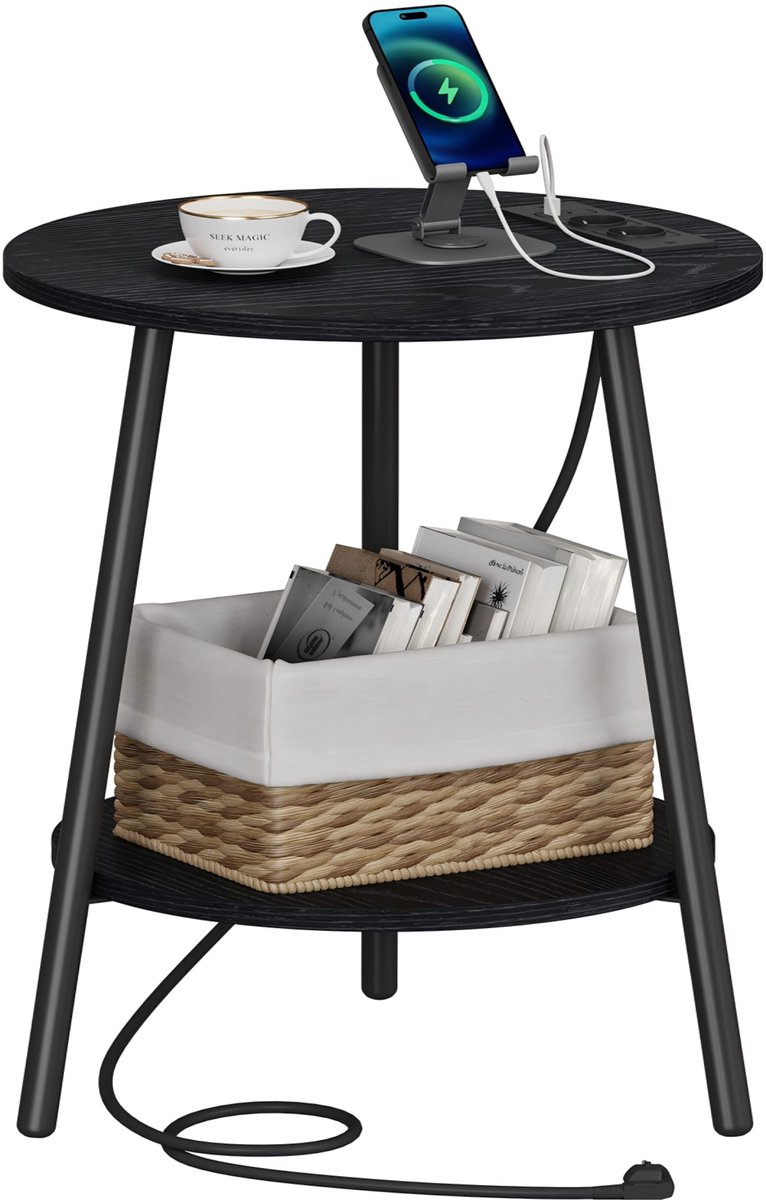 Signature Home Rond bijzettafel - Nachtkastje - met laadstation - Koffietafel - Zwart - 40 x 40 x 50 cm