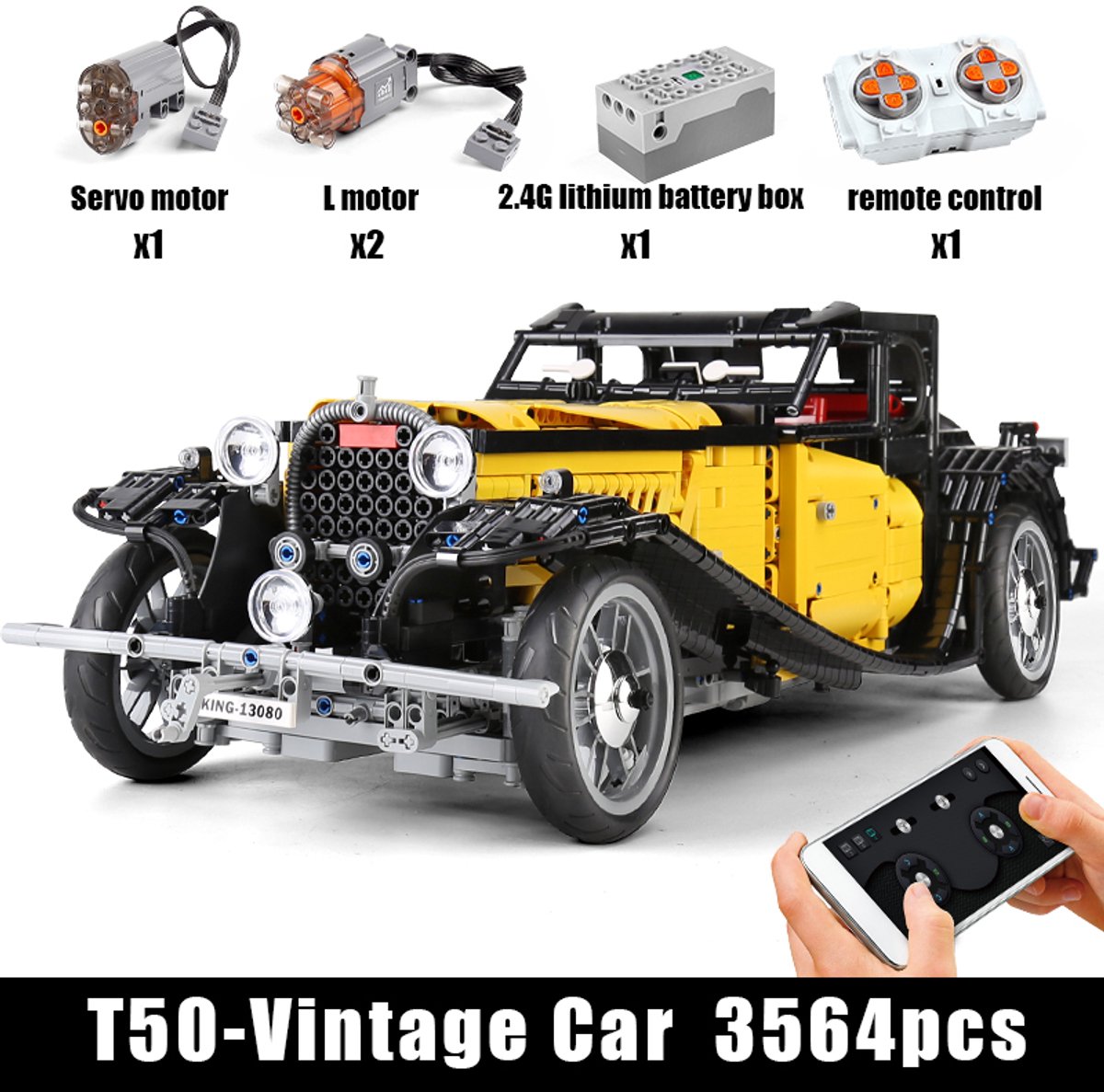 MOULD KING 13080D De MOC-25153 Klassieke 50T Vintage Auto Met afstandbediening en motoren.